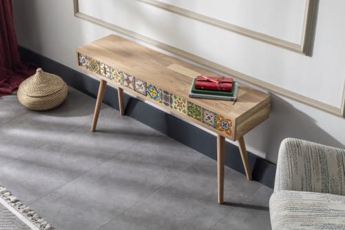 Oak End Table with Mexican Tiles, Wooden Console, Stand | Tables by Halohope Design