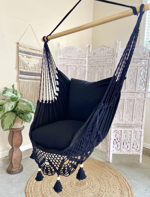 Black Macrame Crochet Hammock Chair + 2 Pillows LUCIA | Furniture by Limbo Imports Hammocks