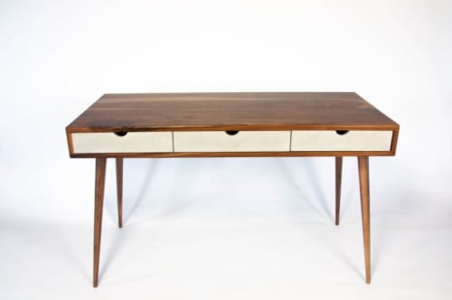 Mid-Century Modern Black Walnut Office Desk with Concrete | Tables by Curly Woods