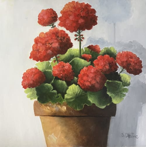 Red Potted Geranium | Oil And Acrylic Painting in Paintings by DesignWell