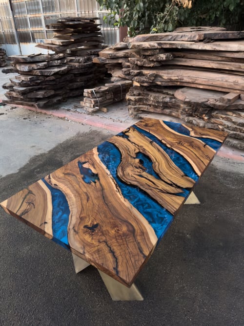 Blue Ocean Epoxy Dining Table | Live Edge Handmade Table | Tables by Tinella Wood