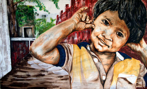 Little boy playing – India | Oil And Acrylic Painting in Paintings by Hugo Medina