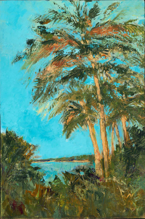 Tranquil Cove II - Tropical Palm Tree Coastal | Oil And Acrylic Painting in Paintings by Filomena Booth Fine Art