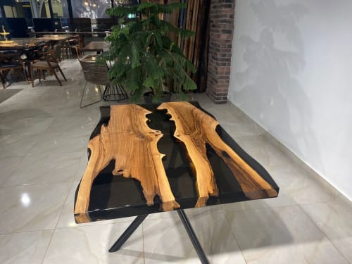 Walnut Epoxy Kitchen Table - Custom Black Epoxy Table | Dining Table in Tables by Gül Natural Furniture