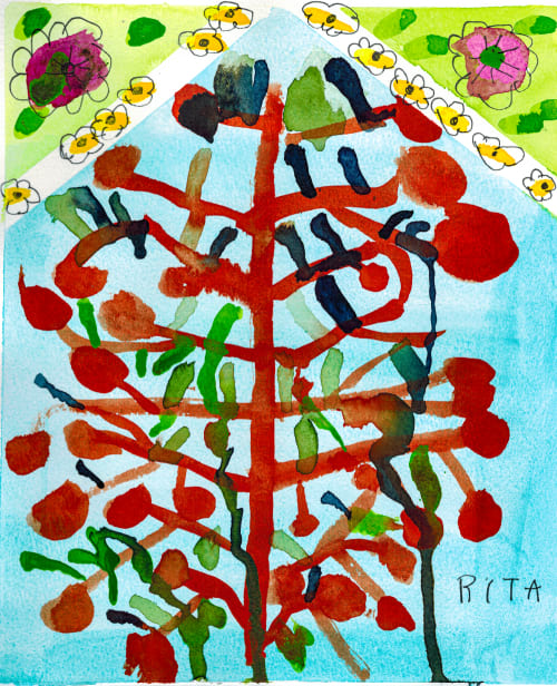 Pomegranate Tree for Rosh Hashanah 2 - Original Watercolor | Paintings by Rita Winkler - "My Art, My Shop" (original watercolors by artist with Down syndrome)