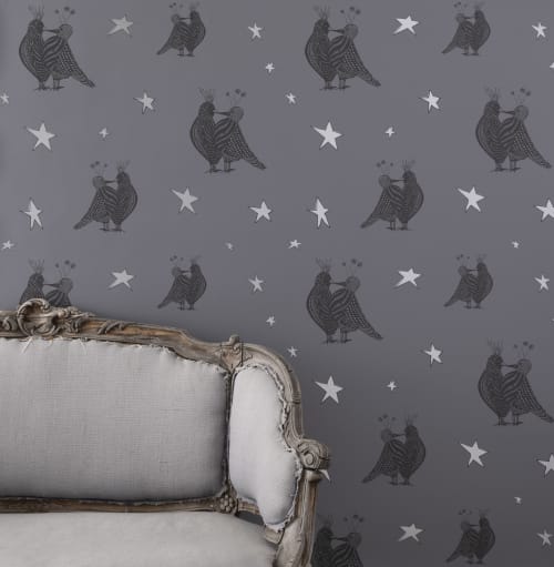 Love Me | Black On Thunder Grey | Silver Stars | Wallpaper in Wall Treatments by Weirdoh Birds