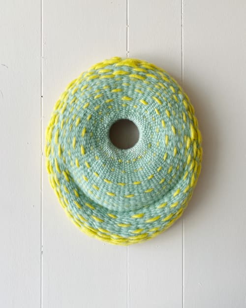 Yellow Umbrellas / Aquamarine Sea Round Woven Painting | Wall Sculpture in Wall Hangings by Emily Nicolaides