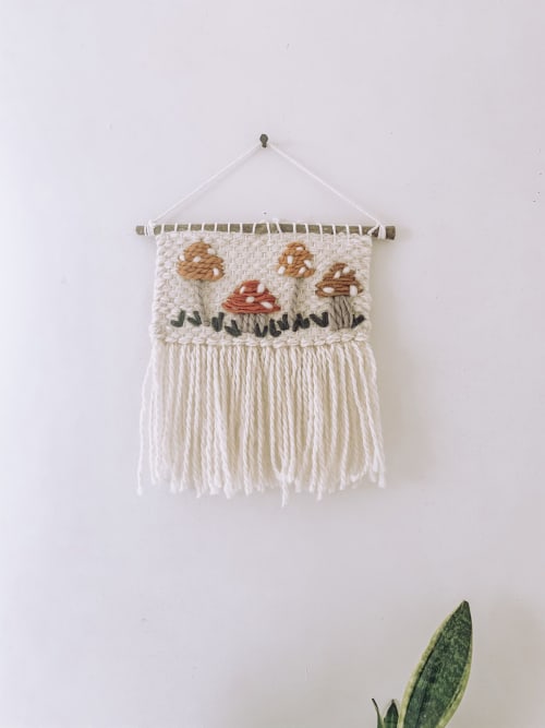 Handmade Woven Wall Hanging Decor - Mushroom Embroidery | Wall Hangings by Hippie & Fringe