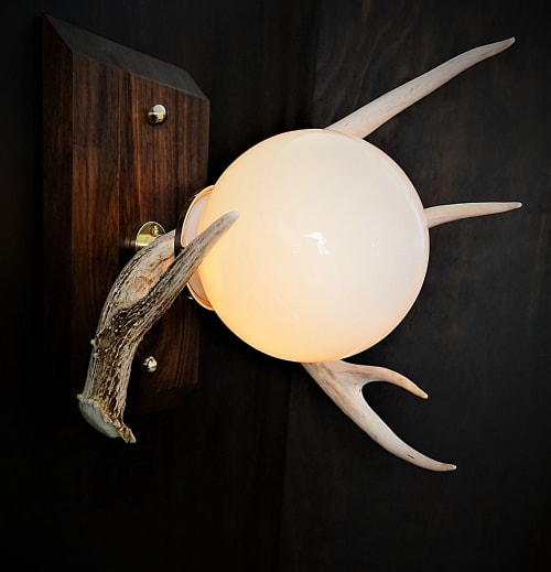 "The Moonlight" Deer Antler Black Walnut Wall Sconce | Sconces by Ronnie Hargrave