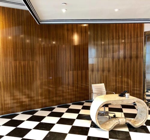 Floating Teak Wall | Wall Treatments by HerlanderArt | alice and olivia in New York