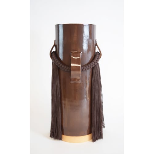 Handmade Ceramic Vase #800 in Brown with Cotton Braids | Vases & Vessels by Karen Gayle Tinney