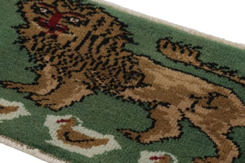 Vintage Gabbeh Turkish Rug, Green with Brown Lion Pictorial | Rugs by Rug and Kilim