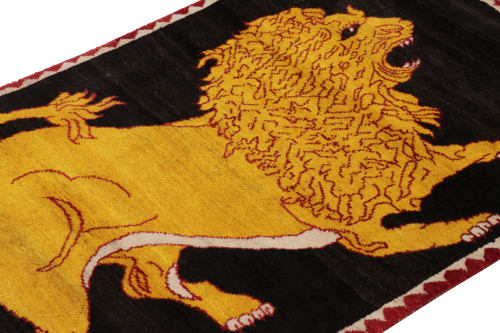 Vintage Gabbeh Persian Rug, Gold and Black with Lion | Rugs by Rug and Kilim
