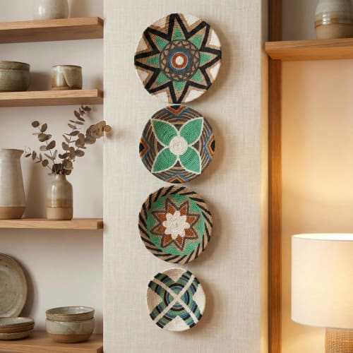 4 Pieces Natural Blue Wall Hanging African Wall Basket | Decorative Plate in Decorative Objects by Sarmal Design