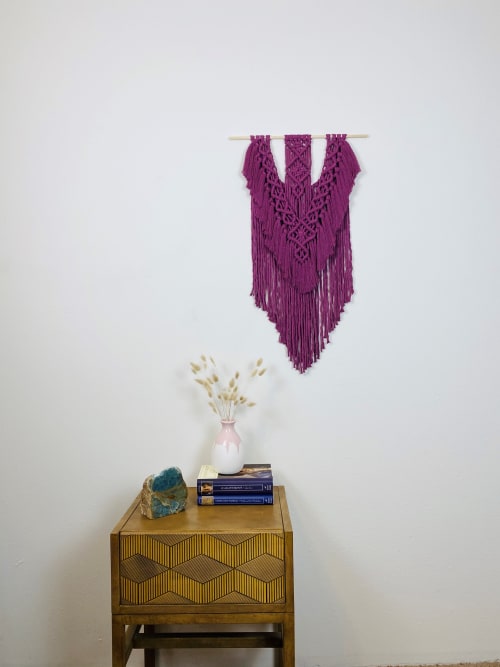 Magenta Macramé Wall Hanging on Wood Dowel - Purple Macramé | Macrame Wall Hanging by Cosmic String Fiber Art