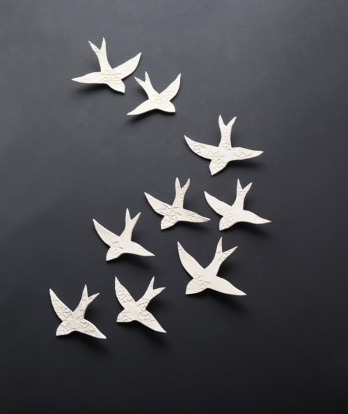 Porcelain wall hanging swallows sculpture artwork set of 9 | Wall Sculpture in Wall Hangings by Elizabeth Prince Ceramics