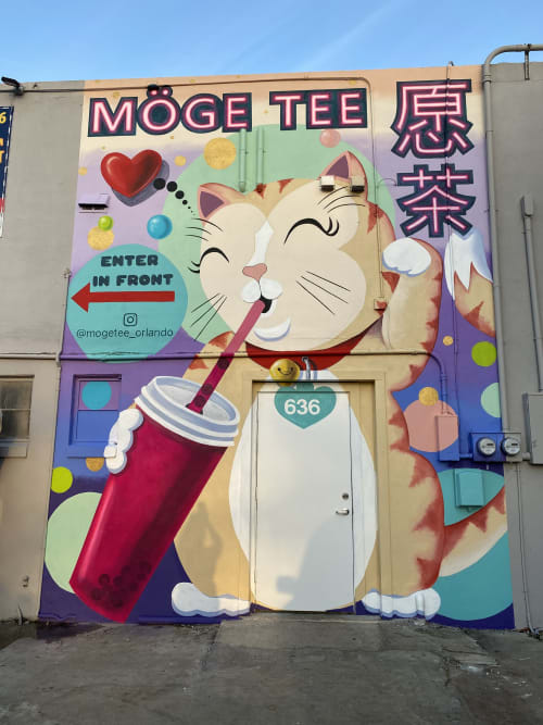 Kauai cat with bubble tea mural | Murals by Maureen Hudas | Möge Tee - Downtown Orlando in Orlando