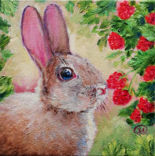 Rabbit and raspberry oil painting original on canvas 6x6 | Oil And Acrylic Painting in Paintings by Iryna Fedarava