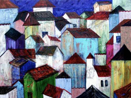 Modern Rooftops: Weathering Life | Oil And Acrylic Painting in Paintings by Tina Alberni, Artist at Color by Design Studio
