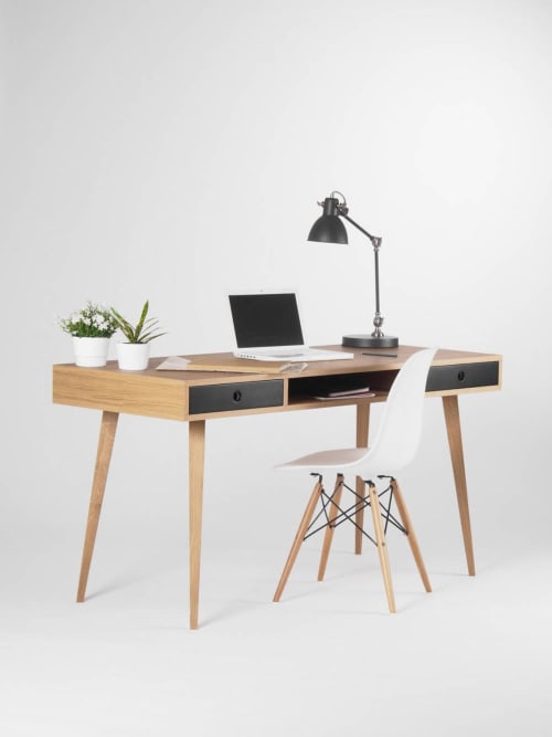 KUUB - Large modern oak desk, computer table, black drawer | Tables by Mo Woodwork