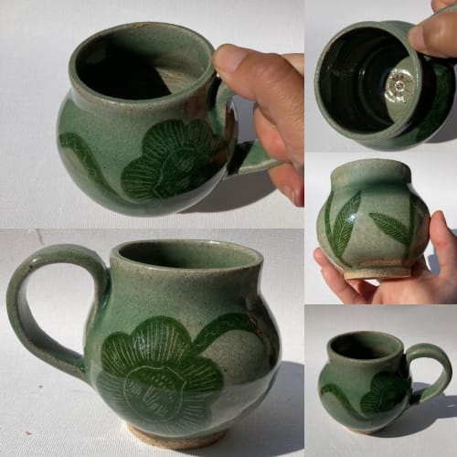 Celadon Green skull flower mug | Cups by Muddythings by Mayon Hanania | Marida- Jewelry and Gifts in Long Beach