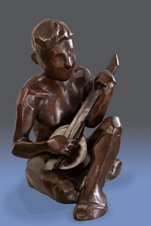 Male musician playing the Banjo seated | Sculptures by Dina Angel-Wing