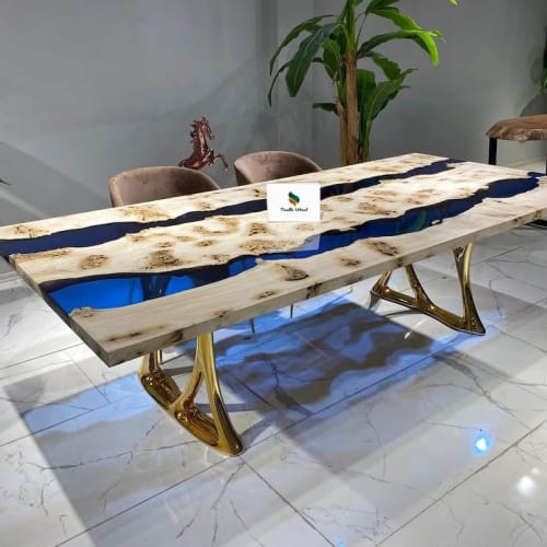 Mappa Burl Table - Blue Epoxy River Dining Table | Tables by Tinella Wood