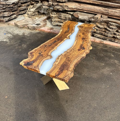 Live Edge Cream - White Epoxy Resin Hackberry Table | Tables by Tinella Wood