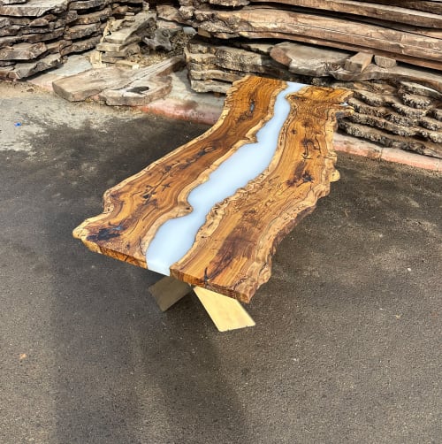 Live Edge Cream - White Epoxy Resin Hackberry Table | Dining Table in Tables by Tinella Collection