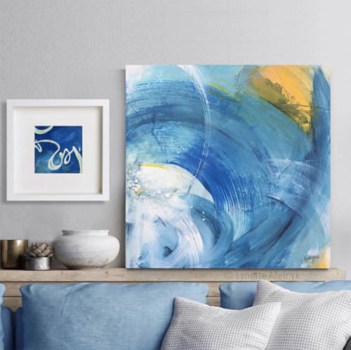Blue, white and yellow abstract art with energy and movement | Paintings by Lynette Melnyk