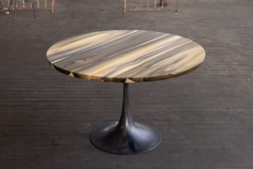 Rainbow Poplar Round Wood Top Cast Iron Amicalola Base | Dining Table in Tables by Alabama Sawyer