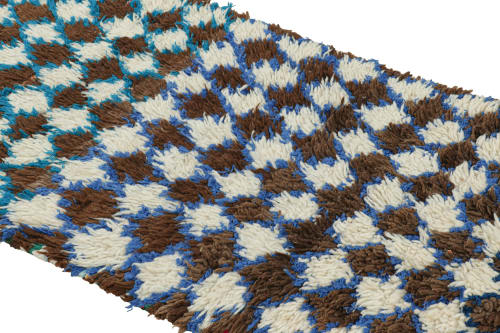 Vintage Moroccan Runner Rug in Brown, White & Blue Diamond | Area Rug in Rugs by Rug and Kilim