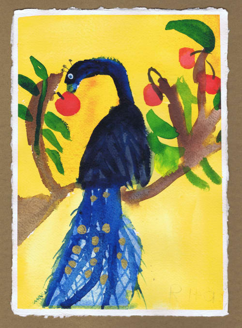 Peacock Eating Apple - Original Watercolor | Watercolor Painting in Paintings by Rita Winkler - "My Art, My Shop" (original watercolors by artist with Down syndrome)