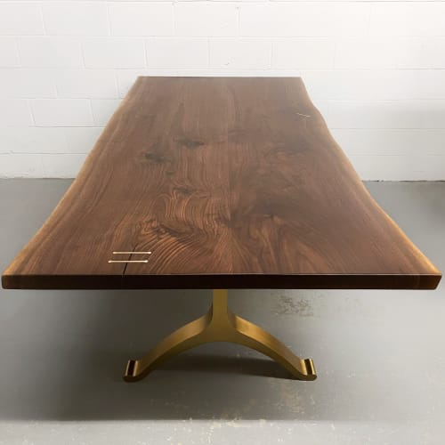 Walnut Slab Live Edge Brass Wishbone Dining Table | Tables by YJ Interiors