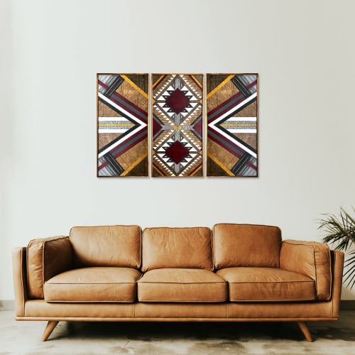 ''Aztec Trio Burgundy'' Wood Wall Art | Mixed Media by Skal Collective