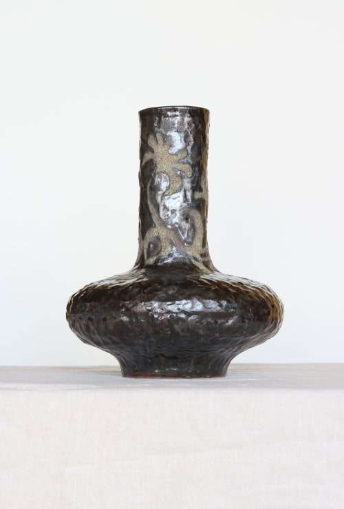 Tall Noir Vessel with Vine and Floral detail | Vases & Vessels by Twinette Poterie