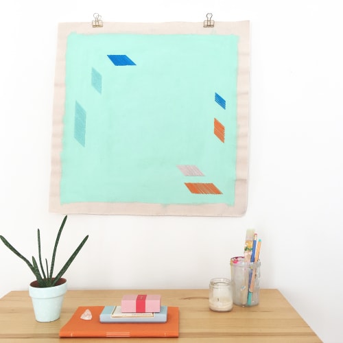 Minimalist Turquoise Painting With Colorful Embroidery | Paintings by Emily Keating Snyder