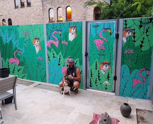 Beagle and Flamingo mural in backyard | Murals by Mulga