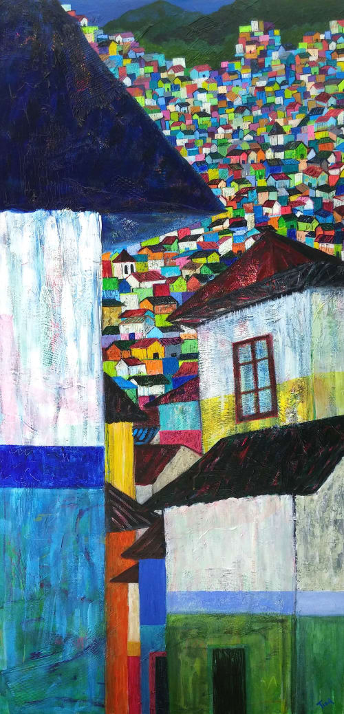 Modern Rooftops: Stacked Against All Odds | Oil And Acrylic Painting in Paintings by Tina Alberni, Artist at Color by Design Studio