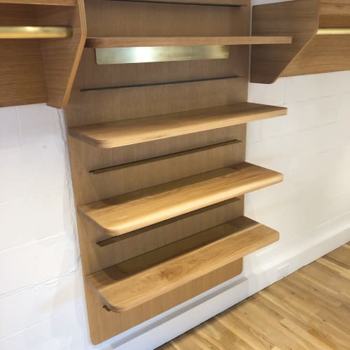 White Oak And Brass Adjustable Shelves By Hyrax Studio Seen At