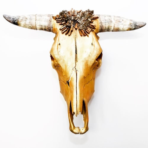 Gold Quartz Crown Cow Skull | Ornament in Decorative Objects by Gypsy Mountain Skulls