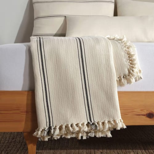 Cream With Black Striped Cotton Throw Blanket & Bed Spread | Linens & Bedding by Lumina Design
