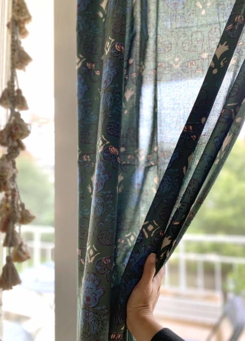 Green Block Print Curtain | Meadow | Curtains & Drapes by ichcha