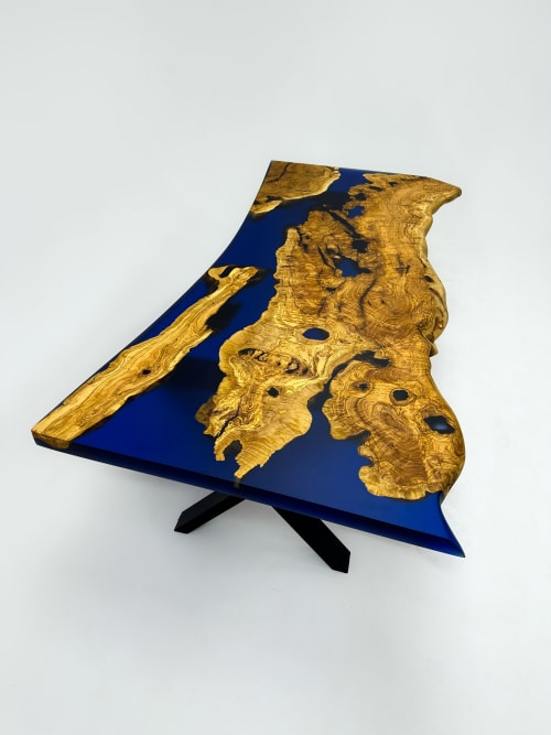 Olive Wood Blue Epoxy Table - Live Edge Conference Table | Tables by Tinella Collection | FOODWELL, Manchester in Salford