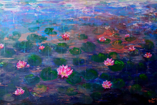 Pink water lilies in the twilight | Oil And Acrylic Painting in Paintings by Elena Parau