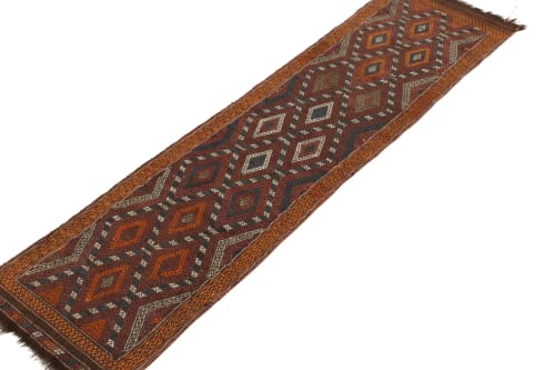 Antique Sumak Kilim runner in Brown, Ochre & Blue geometric | Rugs by Rug a