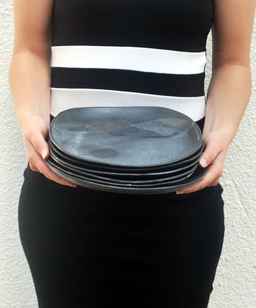 Set of Four Square Wabi Sabi Black Ceramic Dinner Plates | Ceramic Plates by ShellyClayspot