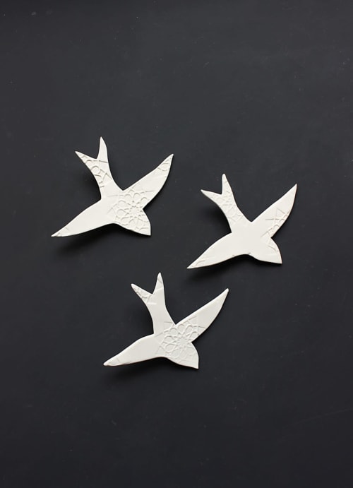 Three Swallows Moroccan textured wall art tiles | Wall Sculpture in Wall Hangings by Elizabeth Prince Ceramics