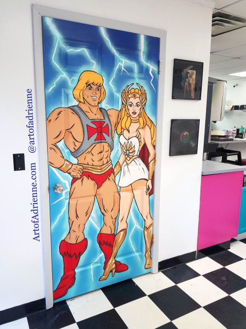 He-man and She-ra Bathroom Door | Murals by Art of Adrienne | Cheezy D's Deli & Dogs in Meridian charter Township