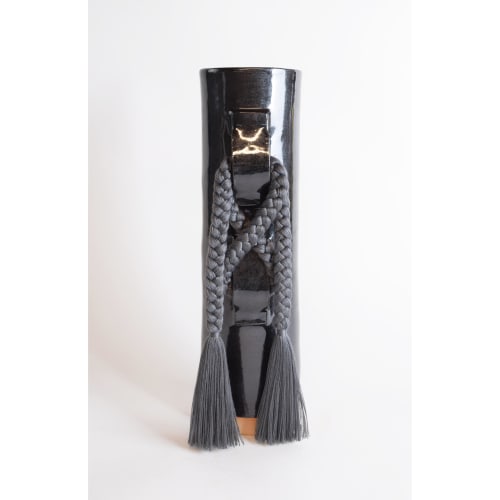 Handmade Ceramic Vase #696 in Black with Charcoal Tencel | Vases & Vessels by Karen Gayle Tinney
